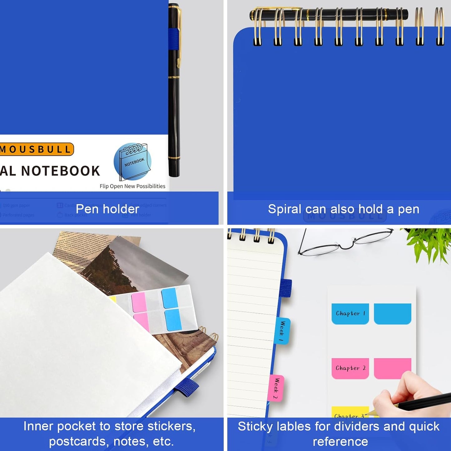 Mousbull Top Spiral Notebook, A5 Hardcover Top Bound Steno Pads, 240 Pages 100gsm College Ruled Left Handed Notebook Journal for Work, School, Meeting Writing - Navy Blue, 5.9" x 8.5"