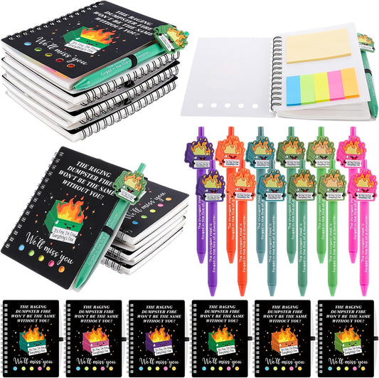 24Pcs Going Away Gifts-Dumpster Fire Notebook with Ballpoint Pens Pocket Journals Notepads Spiral Notebook with Sticky Note Emotional Support Gifts Appreciation Gifts for Coworkers Leaving Job Office