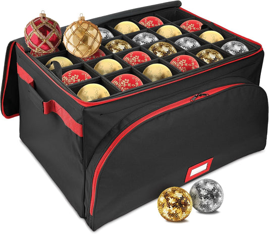 HOLDN’ STORAGE Premium Christmas Ornament Storage Box – Holds up to 72 4” Ornaments, Durable 600D Fabric, Adjustable Dividers, 3 Removable Trays – Metal Frame – Black