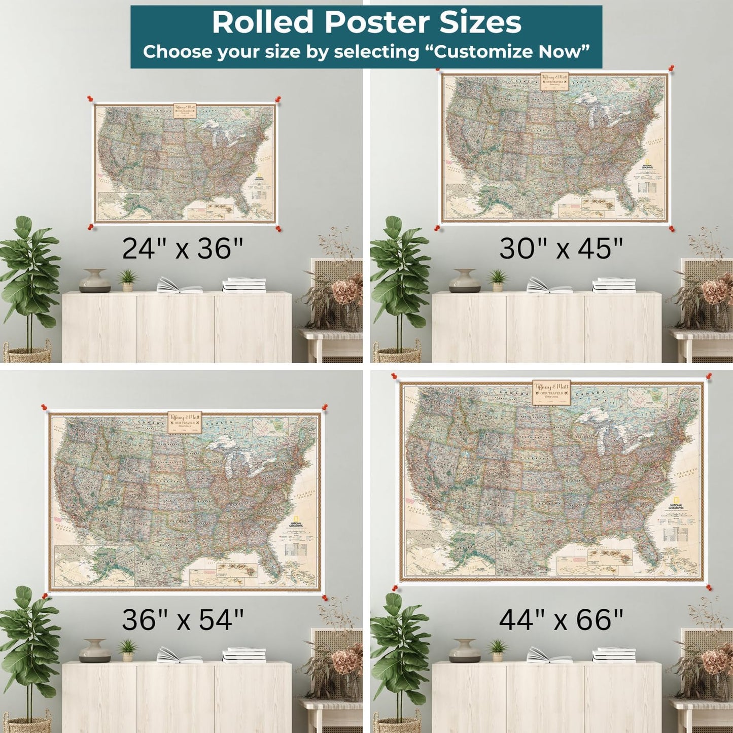 Personalized Canvas Rolled Poster USA Map Wall Art with Pins – Large 24" x 36" Executive Map of the USA – Push Pin Travel Decor for Home or Office