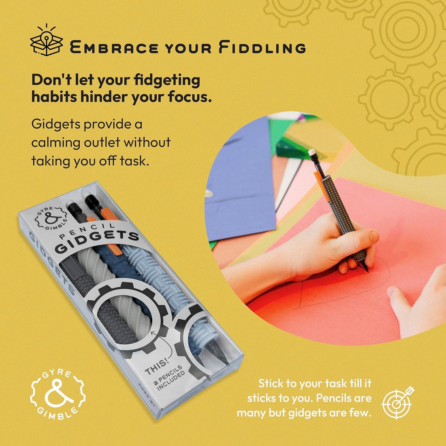 Gyre & Gimble Pencil Gidgets – Textured Silicone Pencil Sleeve for Quiet Fidgeting – Transform Your Mechanical Pencil into a Sensory ADHD Tool for Kids and Adults – 4 Sleeves & 2 Pencils - Gray