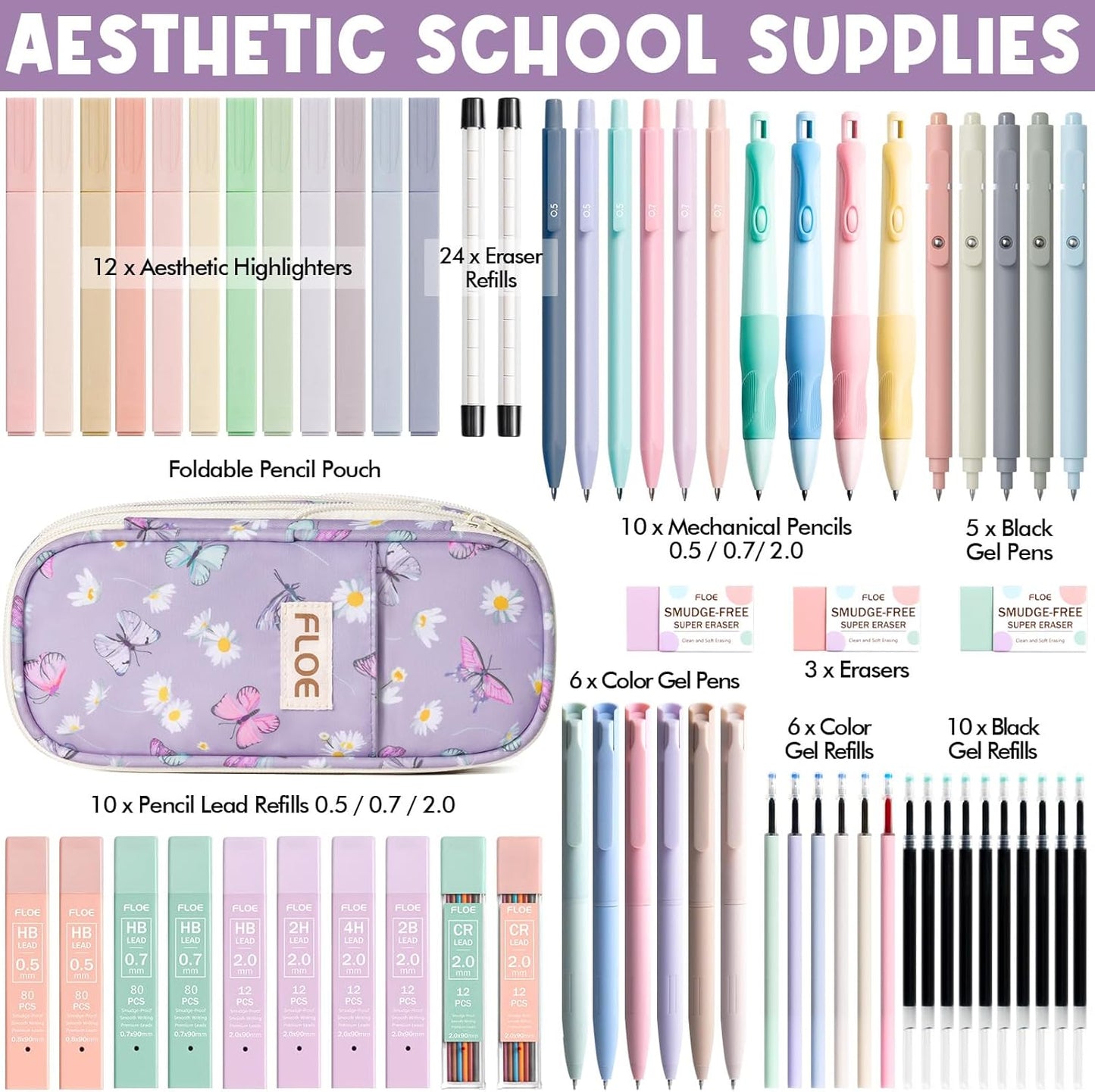 65PCS Aesthetic School Supplies with Cute Pencil Case, Pastel Highlighters Gel Pens Mechanical Pencils Set 0.5 0.7 & 2.0mm, Office Back to School Supplies College Essentials Kit Student Stationary Set