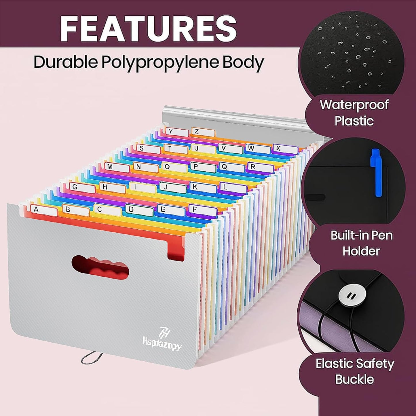 Plastic Accordion File Organizer, 26 Pockets Expandable File Folder Organizer, A4 Letter Size Filing Organizer with Colorful Tabs, Elastic Cord, 60 Paper Clip, Label & Stickers for Office School Home