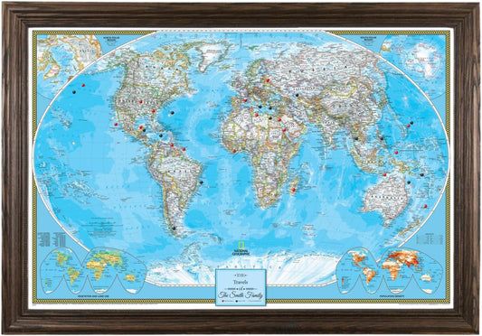 Canvas Classic World Map Pin Board – Framed Travel Map with Pins for Wall – Personalized Push Pin World Map for Tracking Journeys – 27.5" x 39.5" Solid Wood Brown Frame