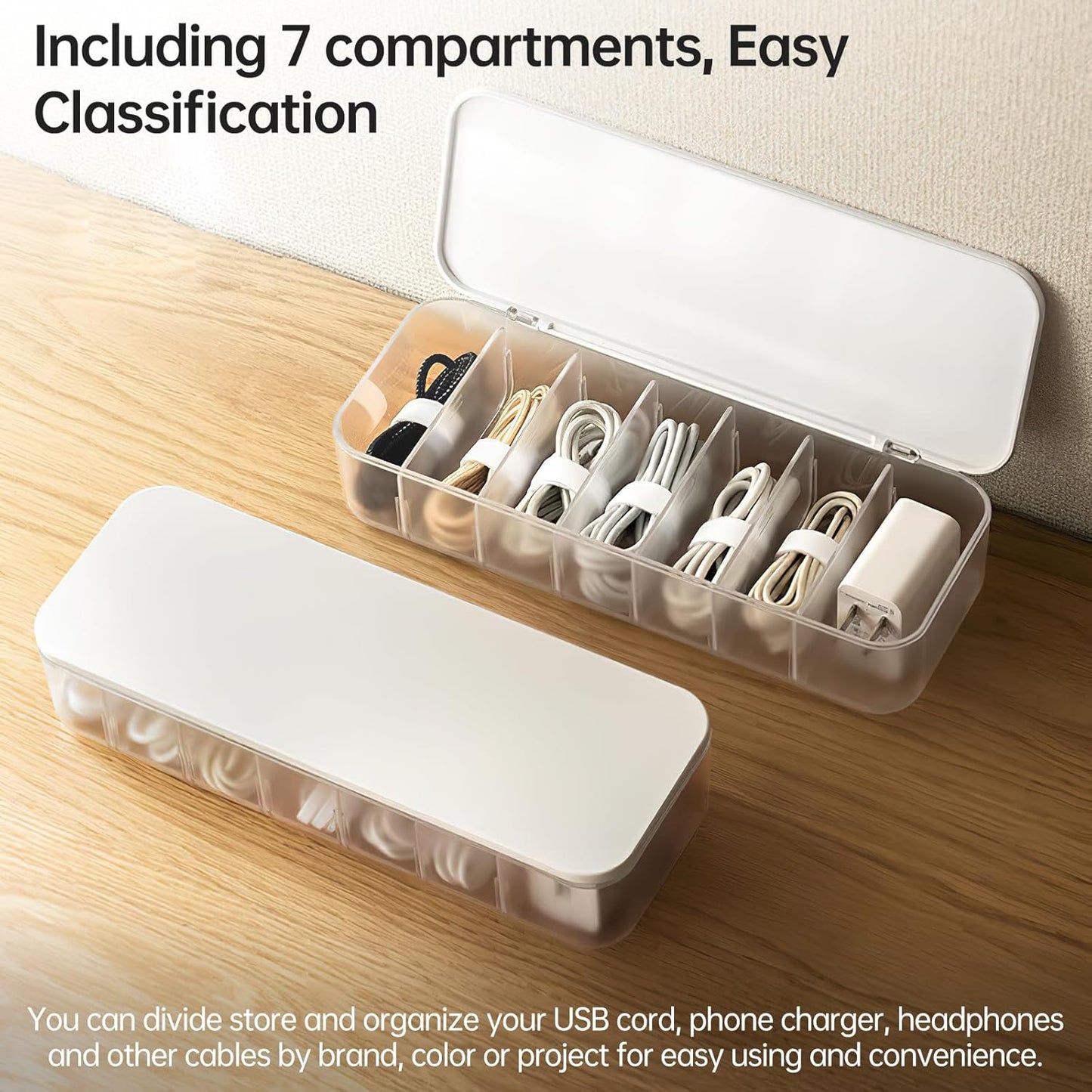 Cable Organizer Storage Box with 7 Wire Ties,Desktop Cable Management Box with Lid,Power Cord Organizer with 7 Compartments for Office,Home,Desk Accessories Storage Stationery Supplies White