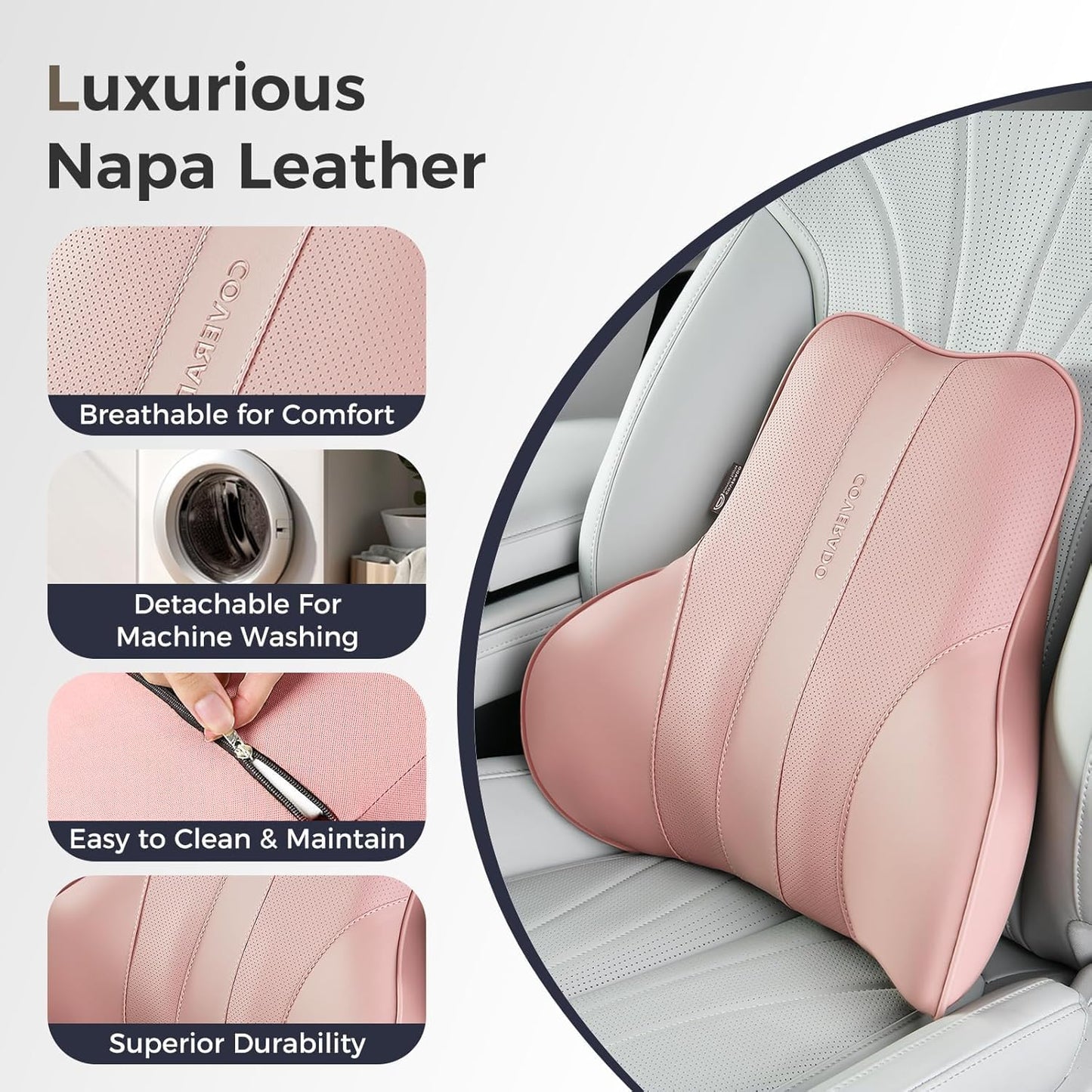 Coverado Lumbar Support Pillow for Car, Ergonomic Memory Foam Back Pillow for Office Chair, New Back Cushion for Pain Relief, PU Leather Car Lumbar Support for Driving Seat