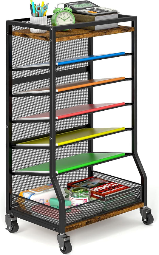 7 Tier Rolling File Cart with Sliding Trays, Wood Metal File Organizer Beside Desk, Free-Standing File Holder, Paper Letter Tray Organizer Mesh Desk Organizer for Home Office School (Patent)