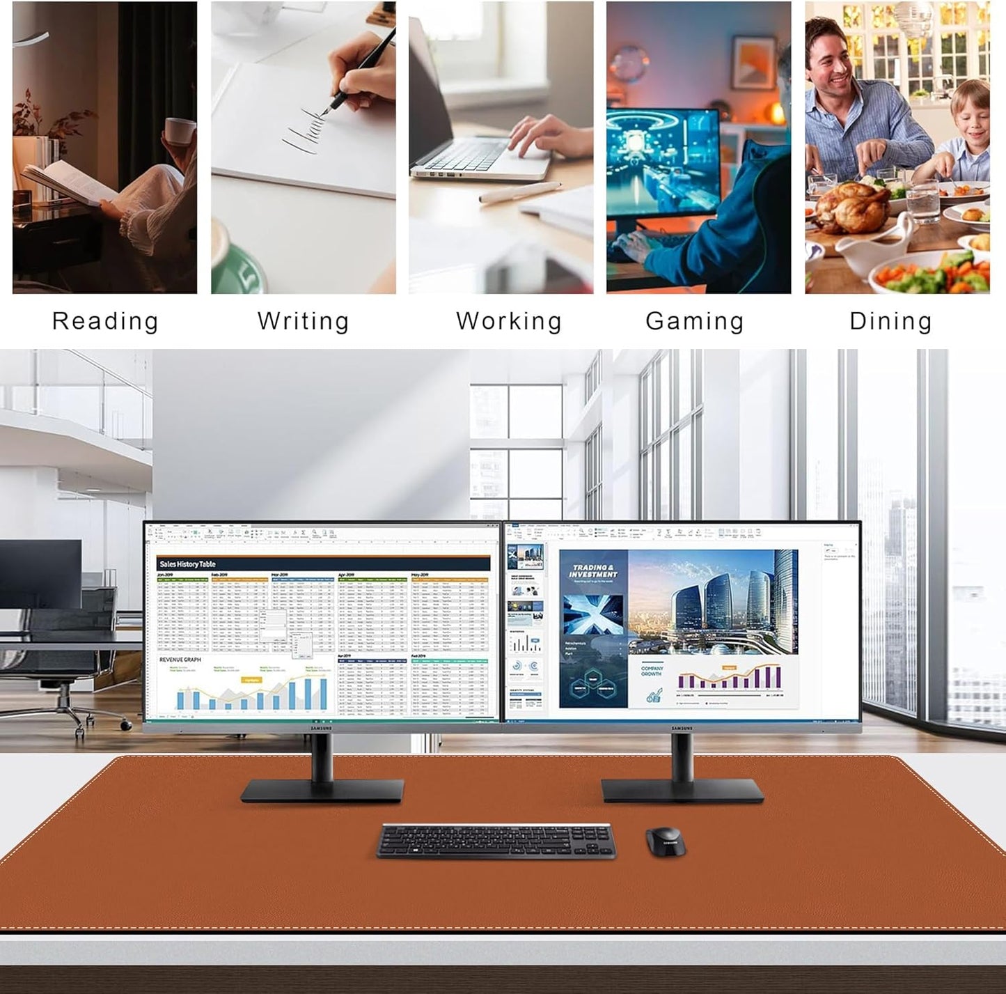 Mydours 55" x 28" PU Leather Desk Mat, Huge Gaming Mouse Pad XXXL,Dual-Sided Multifunctional Portable Desk Pad Blotter,Easy Clean Keyboard Computer Desktop Protector for Gift Office Home (Brown)