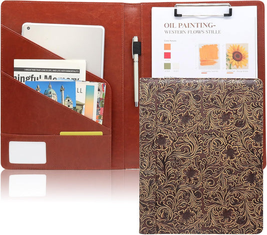 Professional Faux Leather Padfolio with Clipboard – Business Portfolio Organizer Folder & Resume Folder with Card Slots, Pen Holder, A4 Writing Pad for Office, Vintage Floral