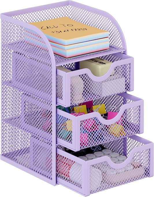EasyPAG Mesh Desk Organizer with 3 Drawer Office Desktop Organizers and Accessories Stationery Caddy for Office, Home, Students, Purple