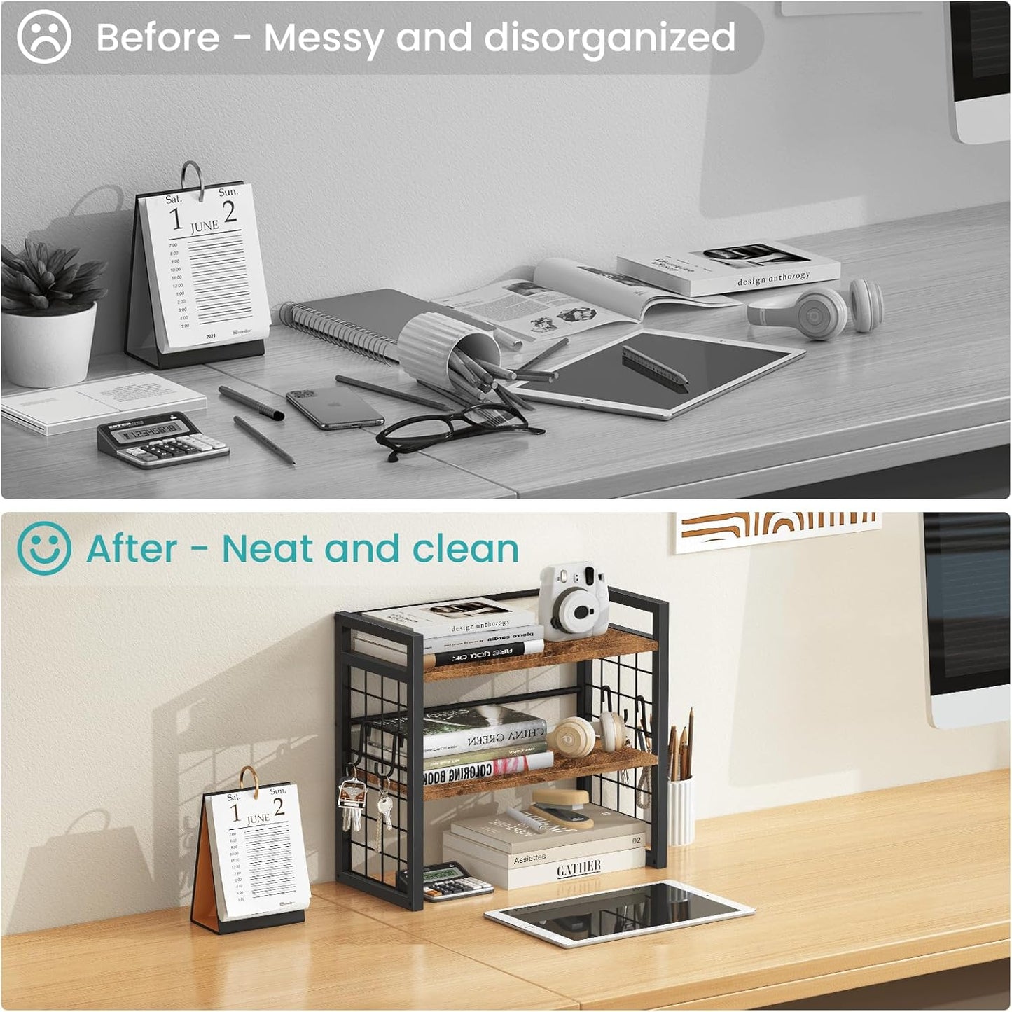 ELITEROO Desktop Shelf Organizer, 2 Tier Wood Desk Bookshelf, Desk Top Storage Rack for Office, Dorm, or Bedroom Decor, Small Tabletop Shelf for Books, Plants & Accessories, Rustic Brown