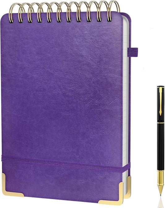 Mousbull A5 Top Spiral Notebook, Large Leather Hardcover Top Bound Steno Pads, 240 Pages 100 gsm Thick Lined Paper Left Handed Notebook Journal for Work, School, Meeting Writing - Purple, 5.9" x 8.5"