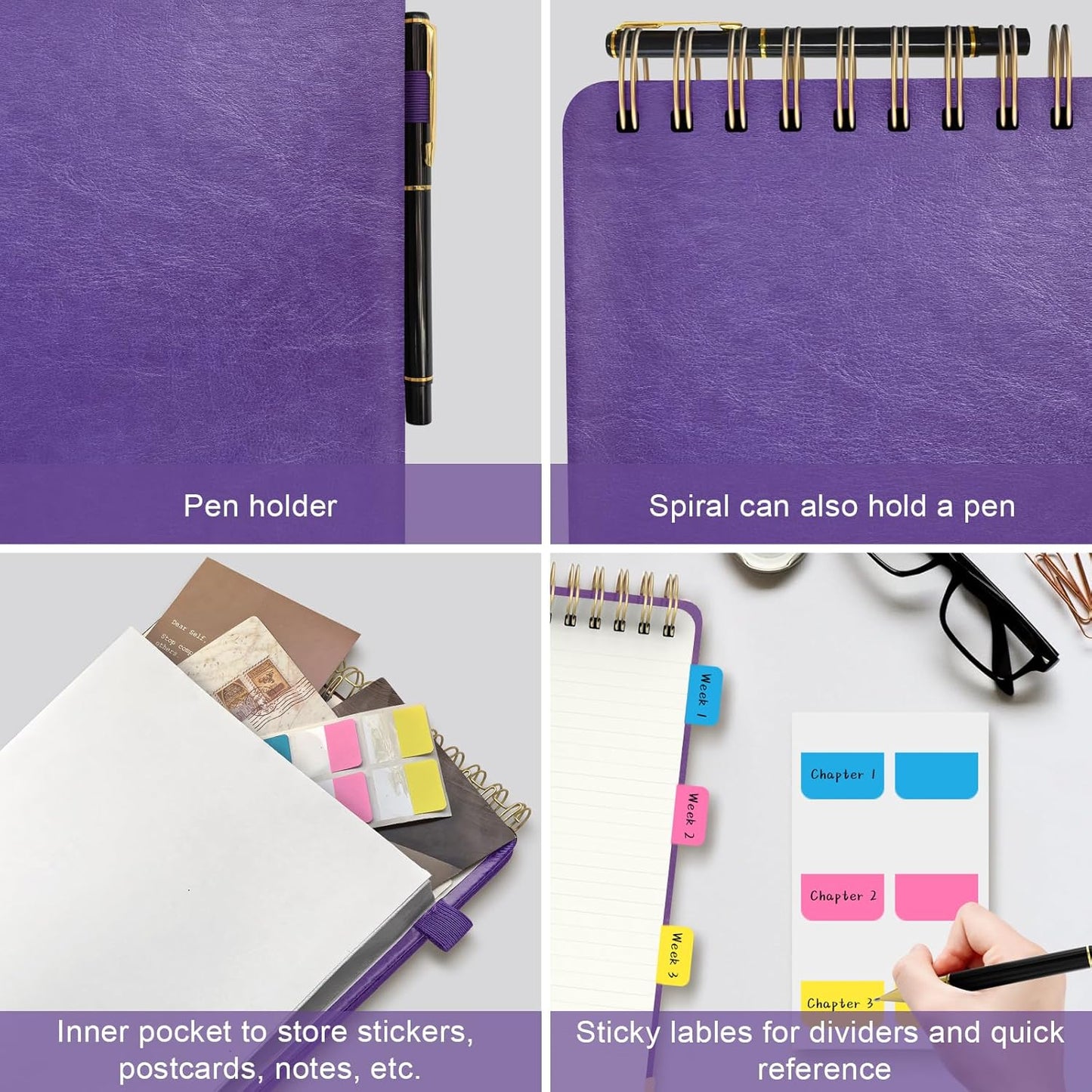 Mousbull A5 Top Spiral Notebook, Large Leather Hardcover Top Bound Steno Pads, 240 Pages 100 gsm Thick Lined Paper Left Handed Notebook Journal for Work, School, Meeting Writing - Purple, 5.9" x 8.5"