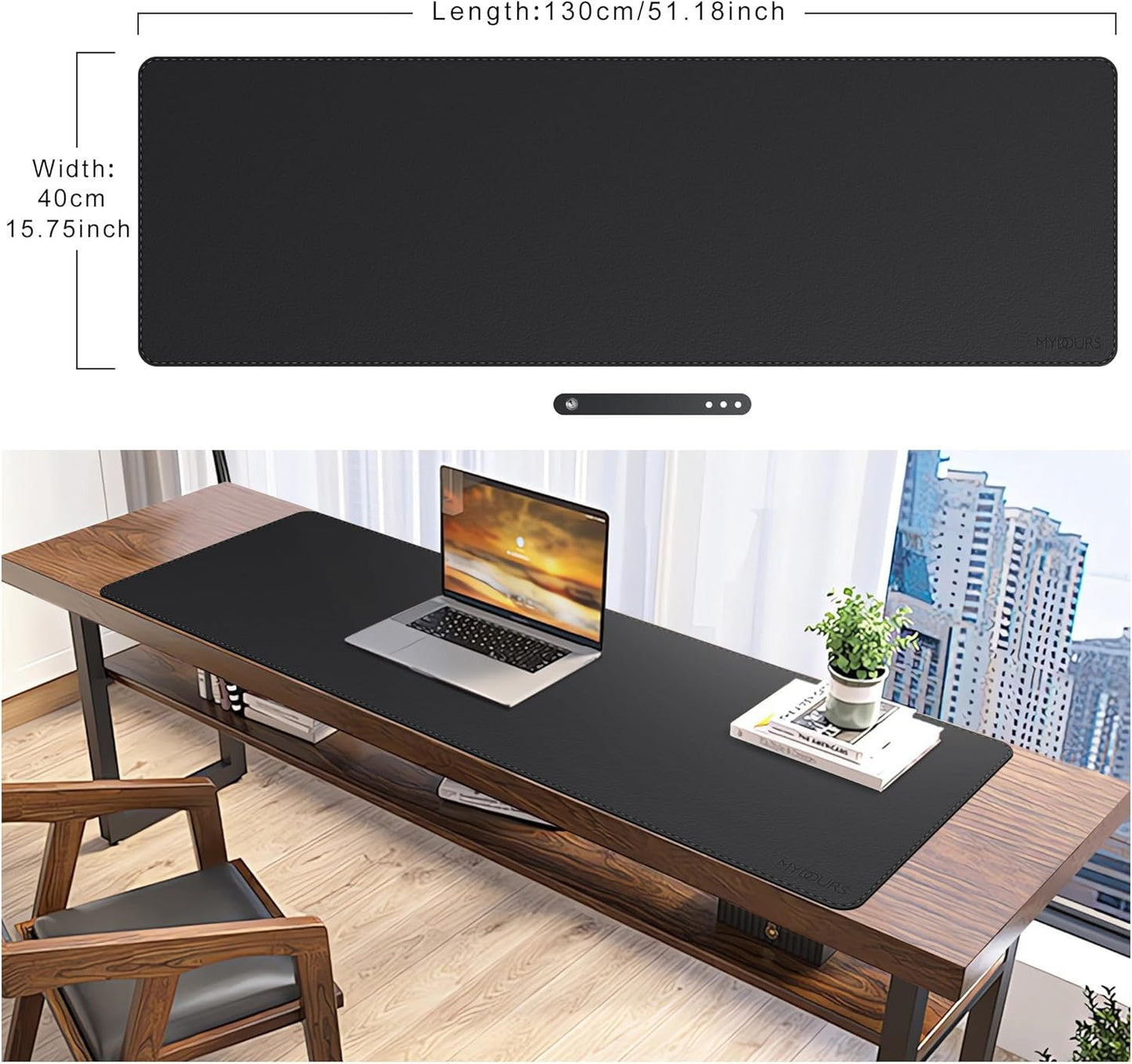 Mydours Ultra-Long 51.2" x 15.7" PU Leather Desk Pad with Non-Slip Suede Base, Waterproof Workstation Mat, Black - Full Desk Protection for Multiple Devices, Ideal for Professionals and Gamers