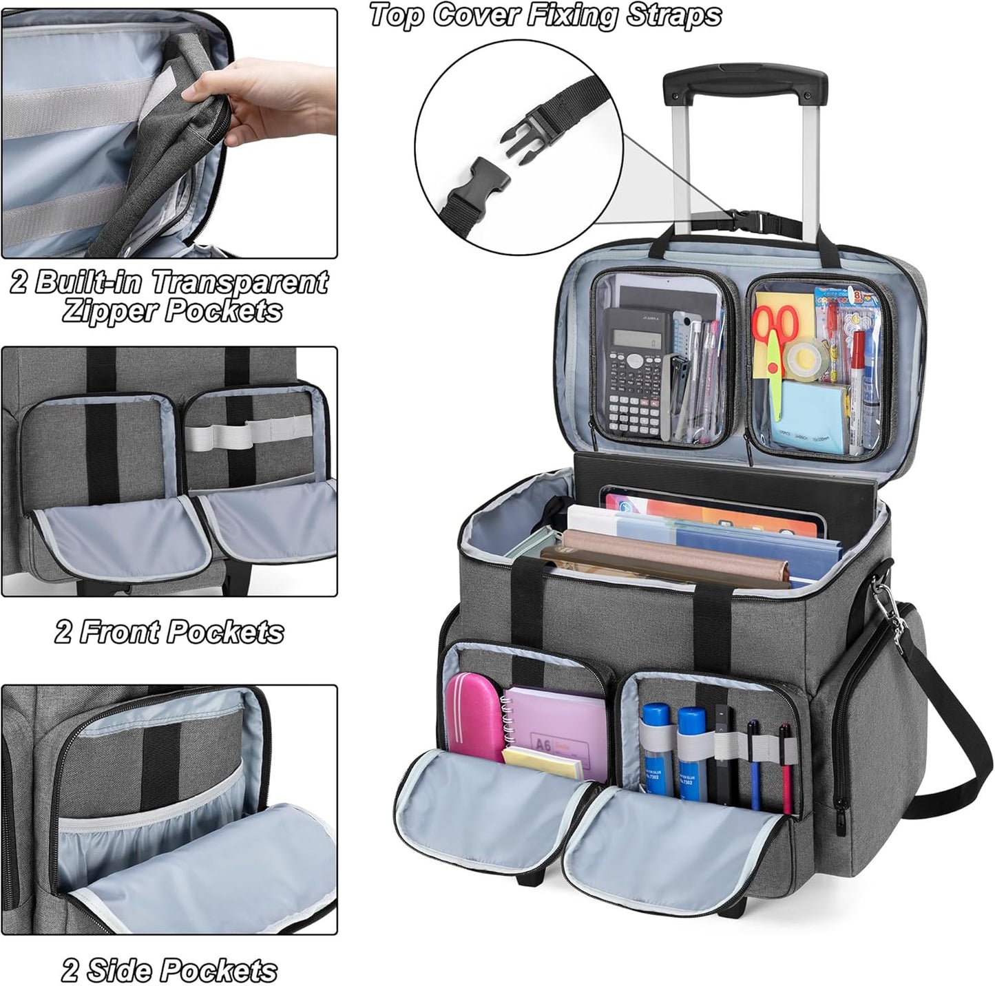 CURMIO Rolling Teacher Tote Bag with Padded Laptop Compartment for up to 15.6 Inches Laptop, Wheeled Teacher Bag for Teaching, Office, Craft, Gray