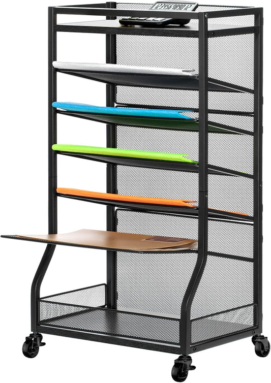 7 Tier Rolling File Cart with Sliding Trays, Wood Metal File Organizer Beside Desk, Free-Standing File Holder, Paper Letter Tray Organizer Mesh Desk Organizer for Home Office School (Patent)