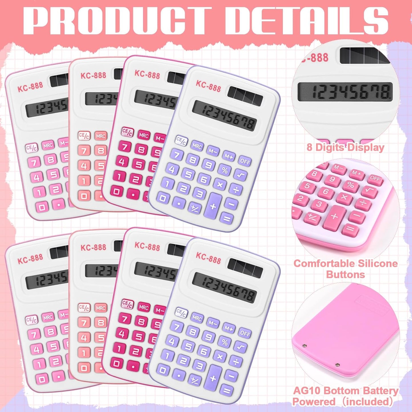 Hoteam 16 Pcs Pocket Calculator Gift for Students Bulk Mini Handheld Calculator Basic Standard Calculators with Button Battery 8 Digit Display for School Office Home(Pink Color)