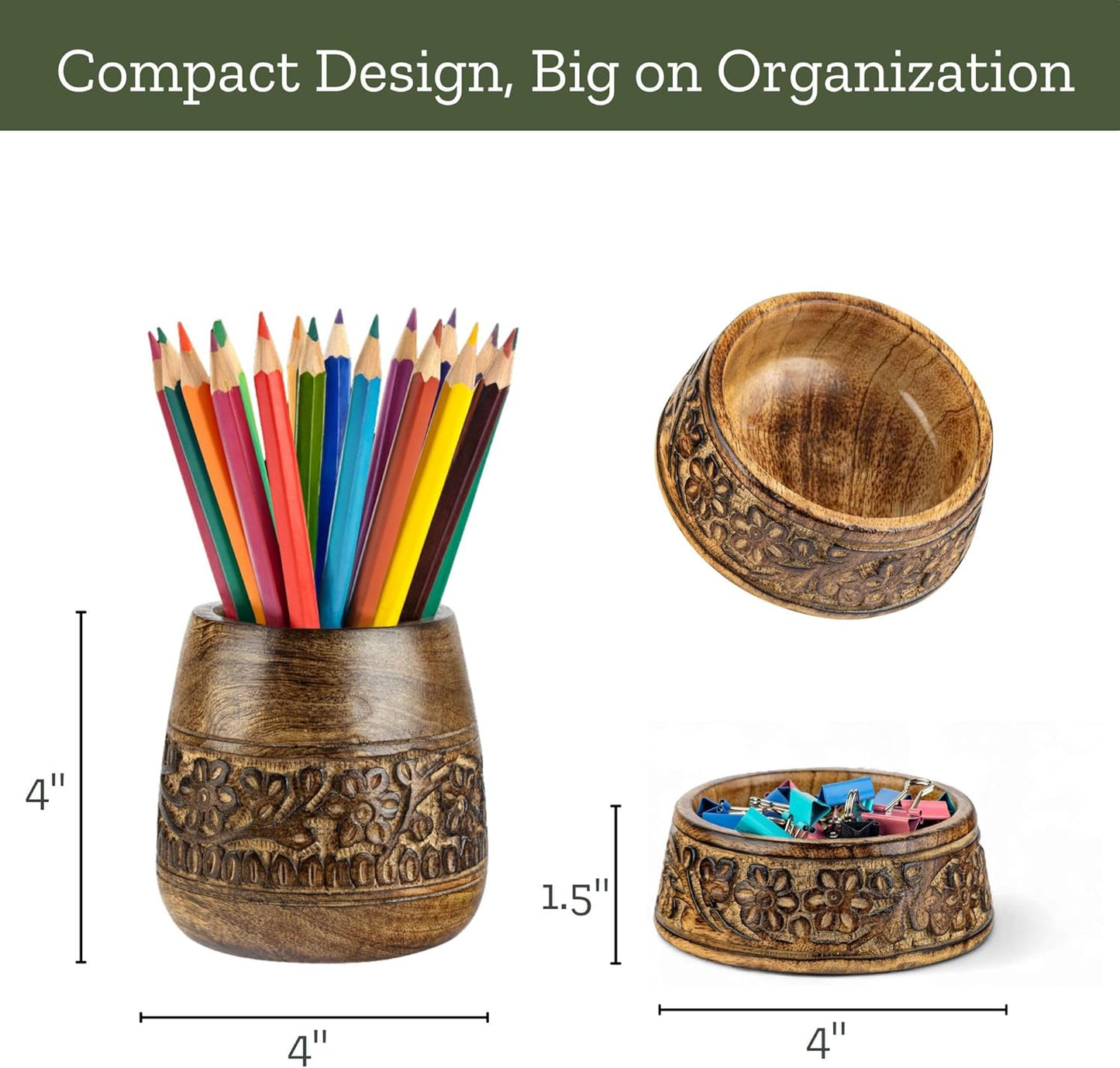 Mie Creations Wooden Desk Organizer Set of 2 Pen Holder, Paper Clip Storage, Office Desktop Table Decor, Floral Rustic Wood Pencil Cup & Paperclips Dispenser, Aesthetic Desk Accessories For Women, Men