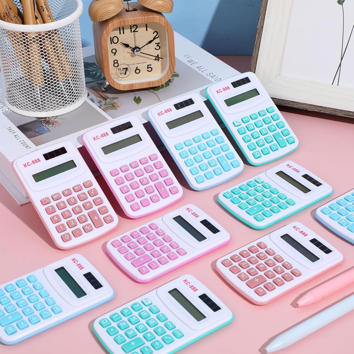 Hoteam 16 Pcs Pocket Calculator Gift for Students Bulk Mini Handheld Calculator Basic Standard Calculators with Button Battery 8 Digit Display for School Office Home(Light Color)