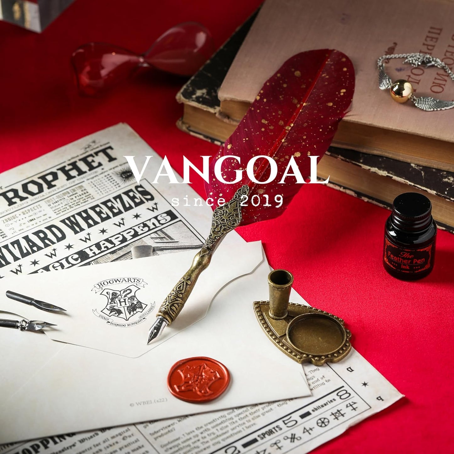 VANGOAL Vintage Carving Feather Pen Set, Glittering Quill Pen Set Antique Calligraphy Writing Dip Pen with Ink, 2 Replacement Nibs, Pen Stand Base, Luxury Vintage Signature Pen (Red)