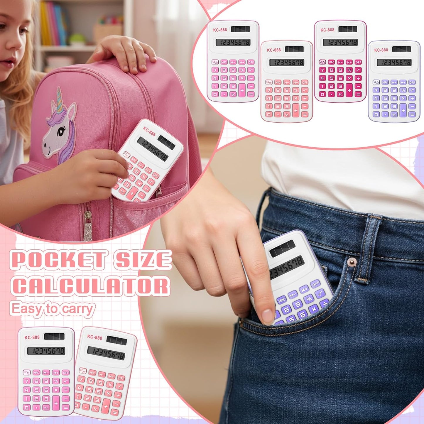 Hoteam 16 Pcs Pocket Calculator Gift for Students Bulk Mini Handheld Calculator Basic Standard Calculators with Button Battery 8 Digit Display for School Office Home(Pink Color)