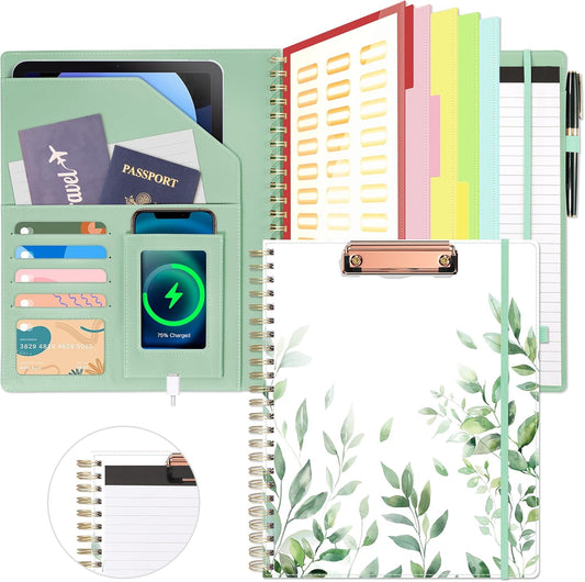 Ospelelf Clipboard with Storage, Leather Padfolio Portfolio Organizer 5 Folders with 10 Pockets, Spiral Clipboard Folio with Notepad for Letter Size, Elastic Closure and Pen Loop Green Plants