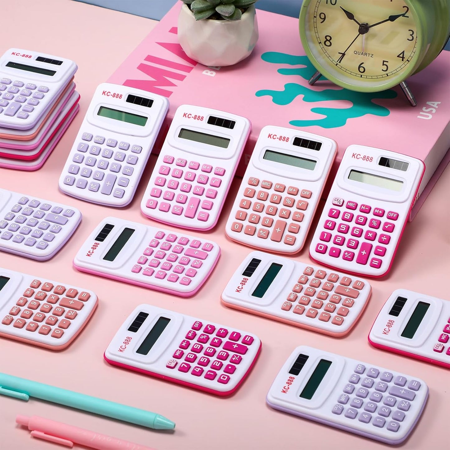 Hoteam 16 Pcs Pocket Calculator Gift for Students Bulk Mini Handheld Calculator Basic Standard Calculators with Button Battery 8 Digit Display for School Office Home(Pink Color)
