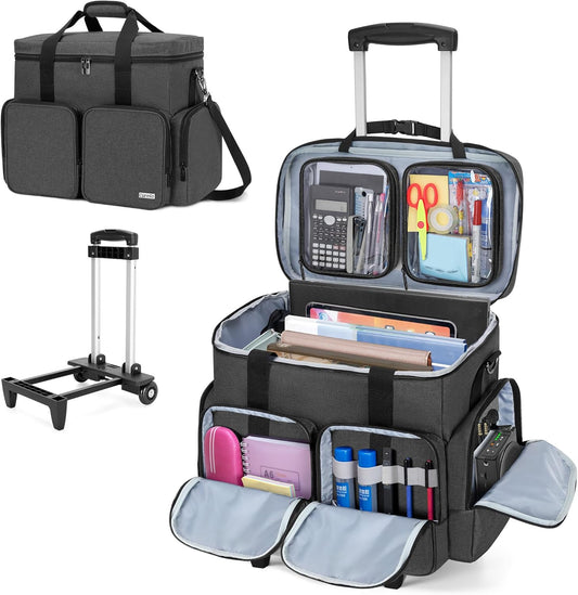 CURMIO Rolling Teacher Tote Bag with Padded Laptop Compartment for up to 15.6 Inches Laptop, Wheeled Teacher Bag for Teaching, Office, Craft, Black