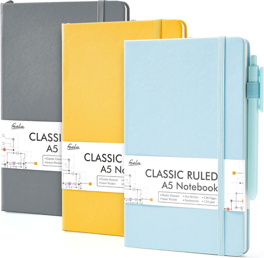 feela Hardcover Notebook For Work, Classic Ruled Lined Journal Set School Business Supplies, with 3 Black Pens, 120 GSM, 5.1”x8.3”, 3 Pack, A5, Solid Colors, Gray, Yellow, Light Blue