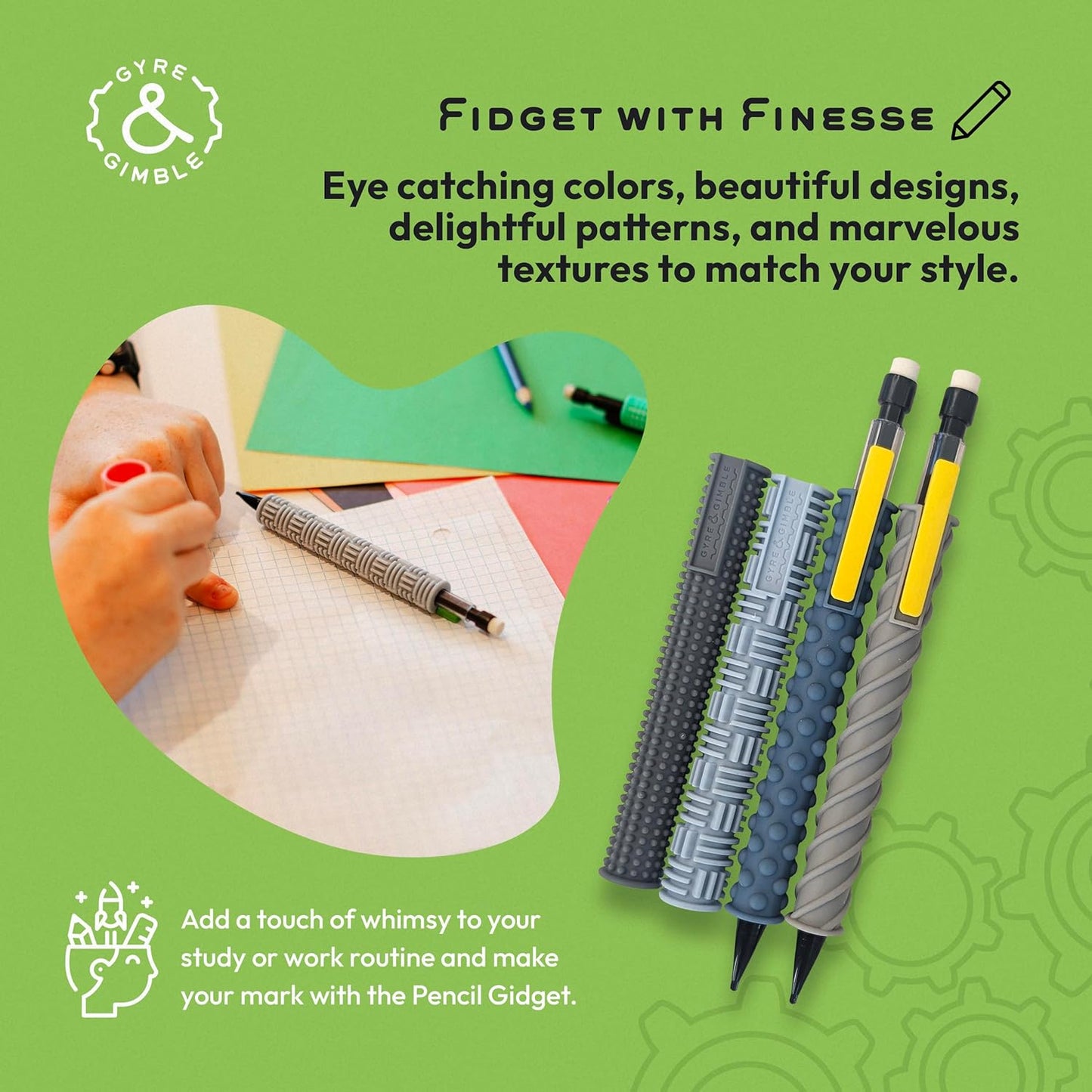 Gyre & Gimble Pencil Gidgets – Textured Silicone Pencil Sleeve for Quiet Fidgeting – Transform Your Mechanical Pencil into a Sensory ADHD Tool for Kids and Adults – 4 Sleeves & 2 Pencils