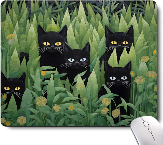 Cute Cat Mouse Pad Plants Mouse Pads for Desk,Cool Desk Pad Keyboard Mat Kawaii Black Cat Flower Non Slip Rubber Base Mouse Pad for Office Laptop, Landscape Mouse Pad,Square Mouse Mat