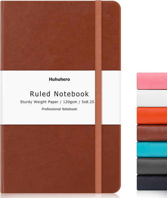 Huhuhero Notebook Journal, Lined Ruled Journal, Hardcover 120Gsm Premium Thick Paper with Faux Leather Notebook for Journaling Writing Note Taking Office School Supplies 5.25"×8.25"(1, Brown)