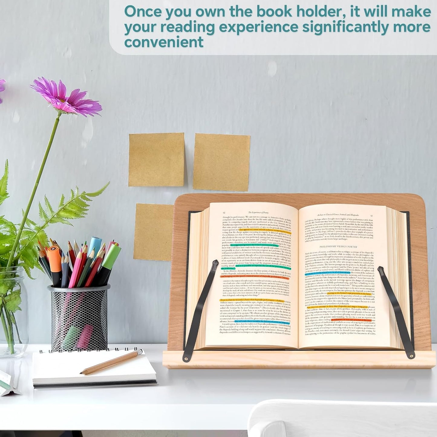 Book Reading Stand,8 Adjustable Height Holder Tray with Elastic Page Paper Clips for Textbook/Cookbook/Music Scores/Tablet/Laptop,Lightweight Reading Hands Free Desktop Document Book Mount