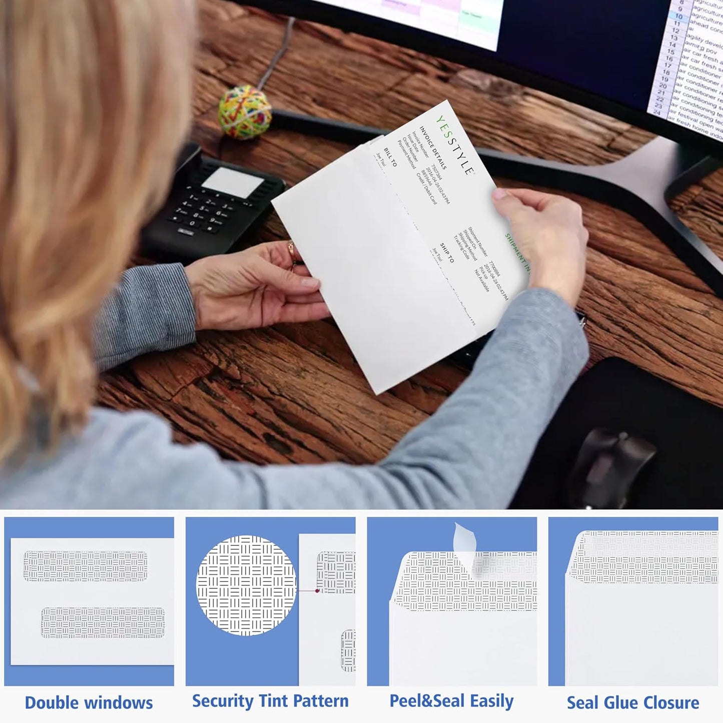 #8 Double Window Security Check Envelopes,500 Counts Double Window Self Seal Security Envelopes,No.8 Double Window Bussiness Envelopes Designed for Checks/Tax Form/Invoices/Business Correspondence