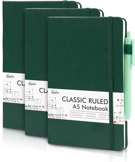 feela 3 Pack Notebooks Journals Bulk with 3 Black Pens, A5 Hardcover Notebook Classic Ruled Lined Journal Set with Pen Holder for Work Business Journaling Note Taking, 120 GSM, 5.1”x8.3”, Dark Green