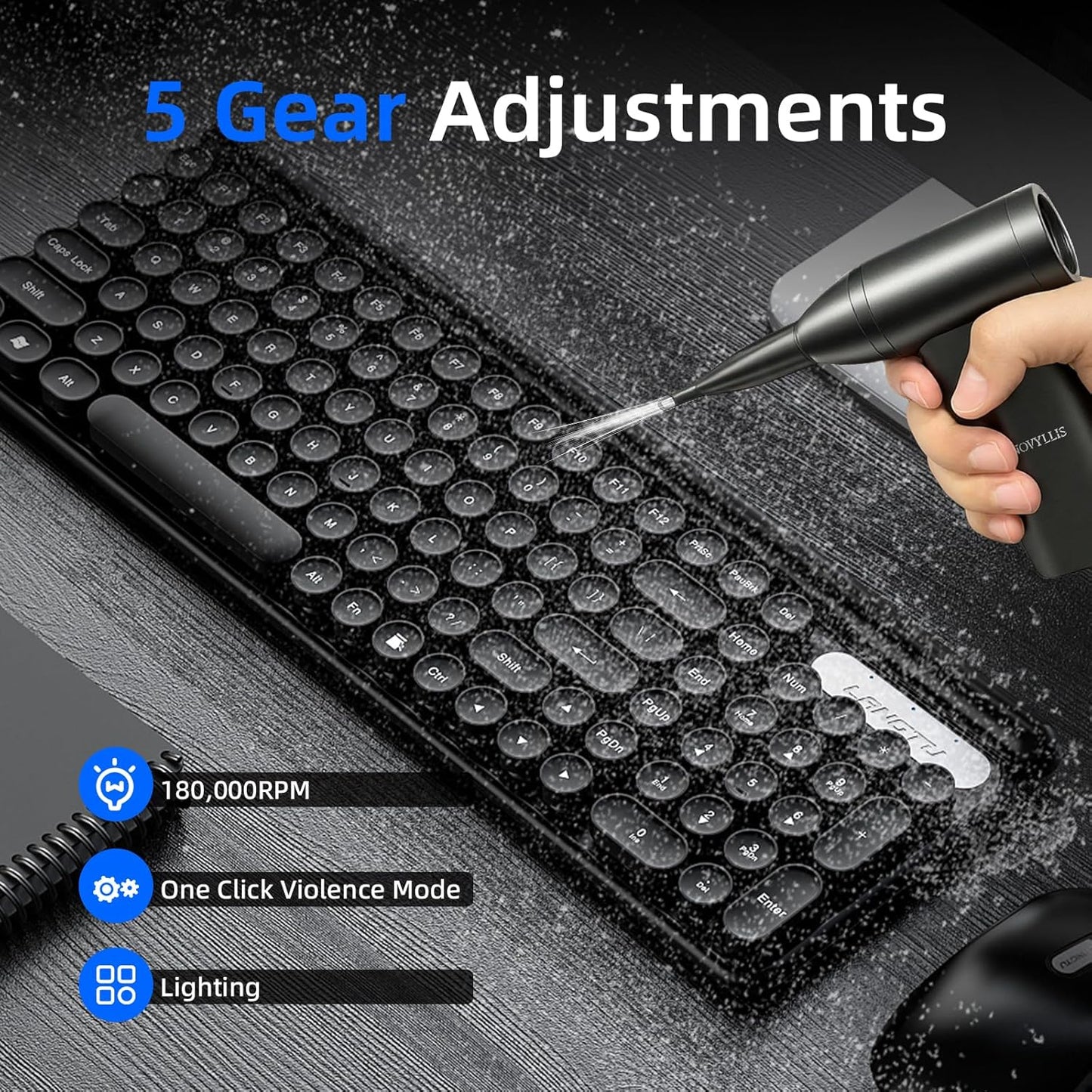 Electric Compressed Air Duster Mini Blower Cordless with Mini Vacuum Lighting 180,000 RPM Cleaner 5 Speed Handheld 3 in 1 USB-C for Computers Keyboards Electronics Home Car BBQ Grill