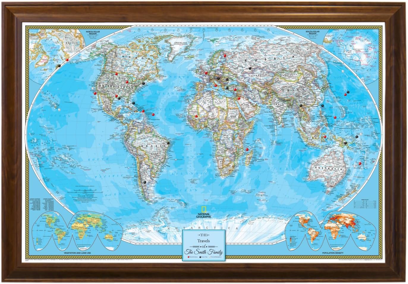 Canvas Classic World Map Pin Board – Framed Travel Map with Pins for Wall – Personalized Push Pin World Map for Tracking Journeys – 27.5" x 39.5" Brown Frame