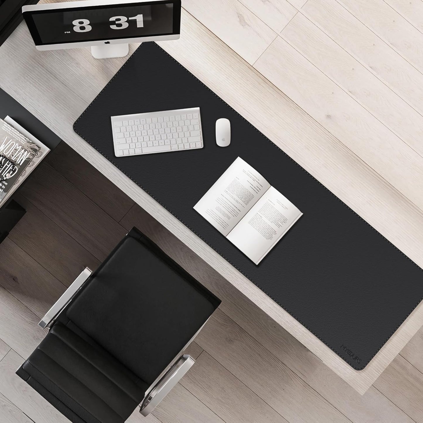 Mydours Ultra-Long 51.2" x 15.7" PU Leather Desk Pad with Non-Slip Suede Base, Waterproof Workstation Mat, Black - Full Desk Protection for Multiple Devices, Ideal for Professionals and Gamers
