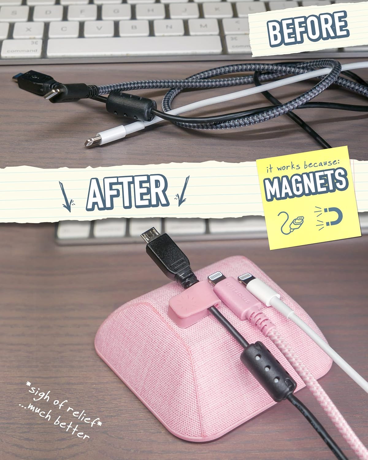 Smartish® Magnetic Cord Holder - Cable Wrangler Organizer Stocking Stuffer with Magnet Clips for Charger Management on Desktop, Nightstand for USB-C + Lightning - I'm Blushing