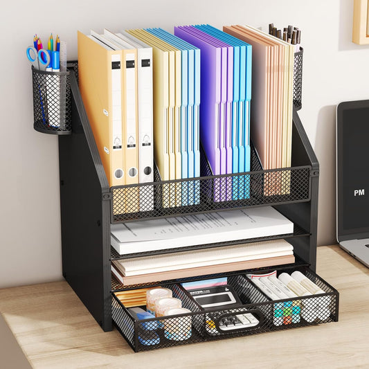 SWTYMIKI Desk Organizer with Drawers - Mesh and Wood Desk File Organizer with Pen Holders, 4-Tier Paper Organizer for Office Organizer and Accessorie, School and Home Storage, Black