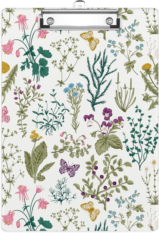 Vintage Floral Clipboard, Plants Herbs Flower Decorative Clip Board with Metal Clip Cute Plastic Clipboards A4 Standard Size 8.5" x 12.5" for Nurses, Students, Office