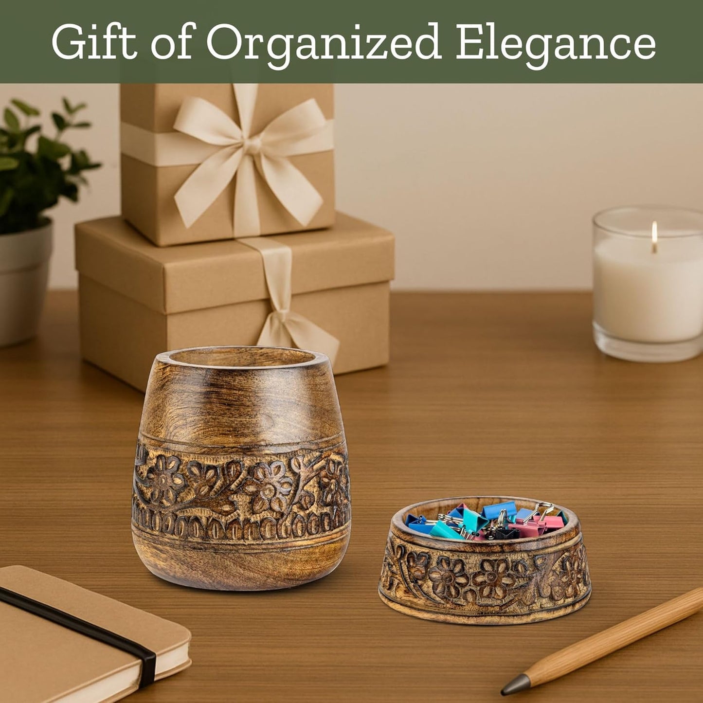 Mie Creations Wooden Desk Organizer Set of 2 Pen Holder, Paper Clip Storage, Office Desktop Table Decor, Floral Rustic Wood Pencil Cup & Paperclips Dispenser, Aesthetic Desk Accessories For Women, Men