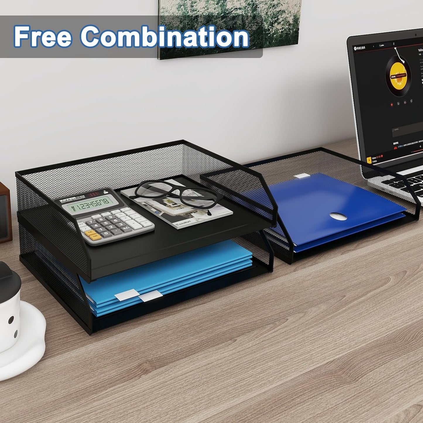 Natwind 3-Tier Stackable Paper Tray, Metal Mesh Desktop Organizer, A4 Paper Sorter, Letter Trays,File Folder Sorter Organizer with Sliding Tray for Home, Office, School (Black)