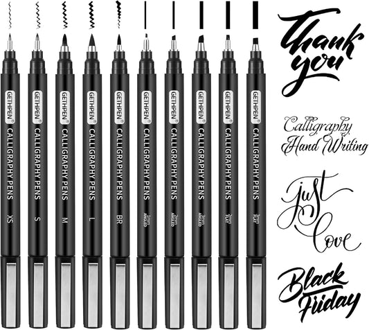 Calligraphy Pen, 10 Size Calligraphy Pens for Writing,Calligraphy markers, Brush Pens Calligraphy Set for Beginners,Black Archival Ink Pens, Hand Lettering Pen for Art Drawing,Sketching,Scrapbooking