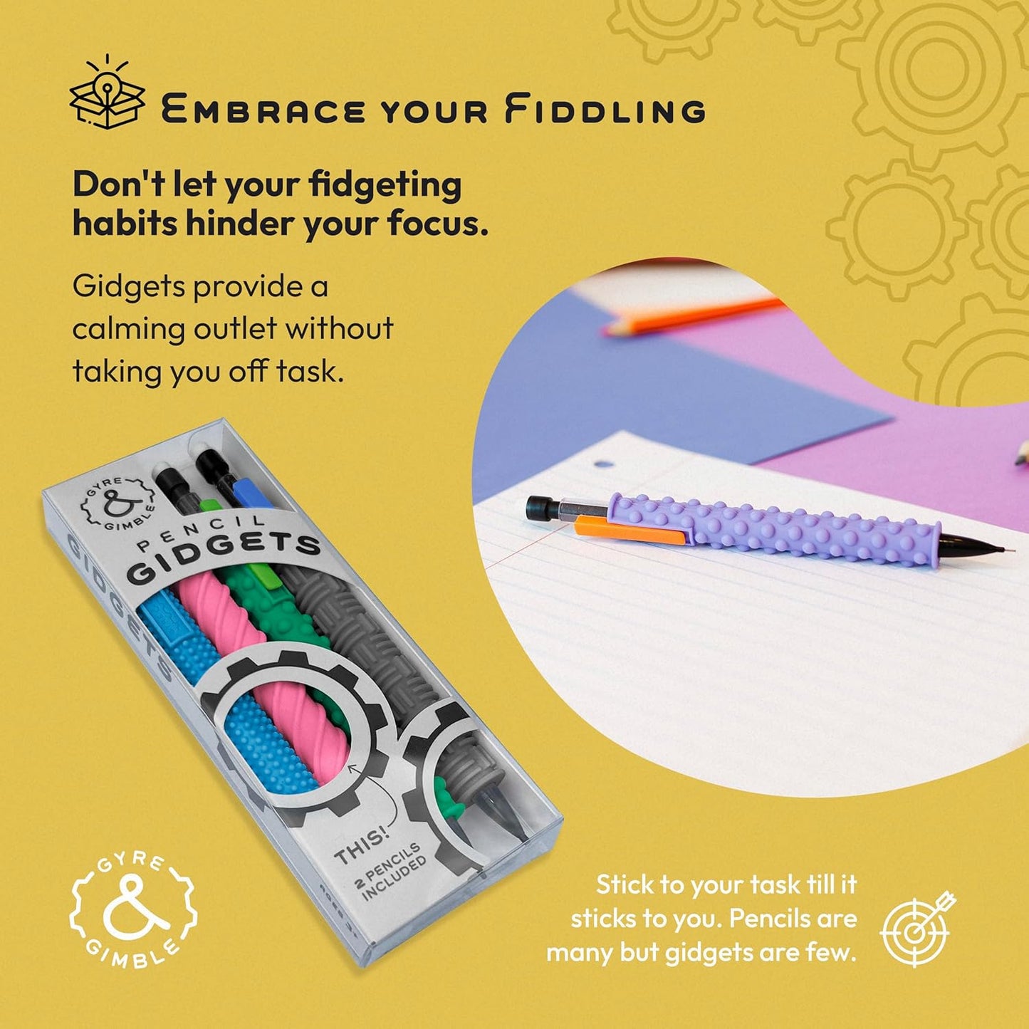 Gyre & Gimble Pencil Gidgets – Textured Silicone Pencil Sleeve for Quiet Fidgeting – Transform Your Mechanical Pencil into a Sensory ADHD Tool for Kids and Adults – 4 Sleeves & 2 Pencils