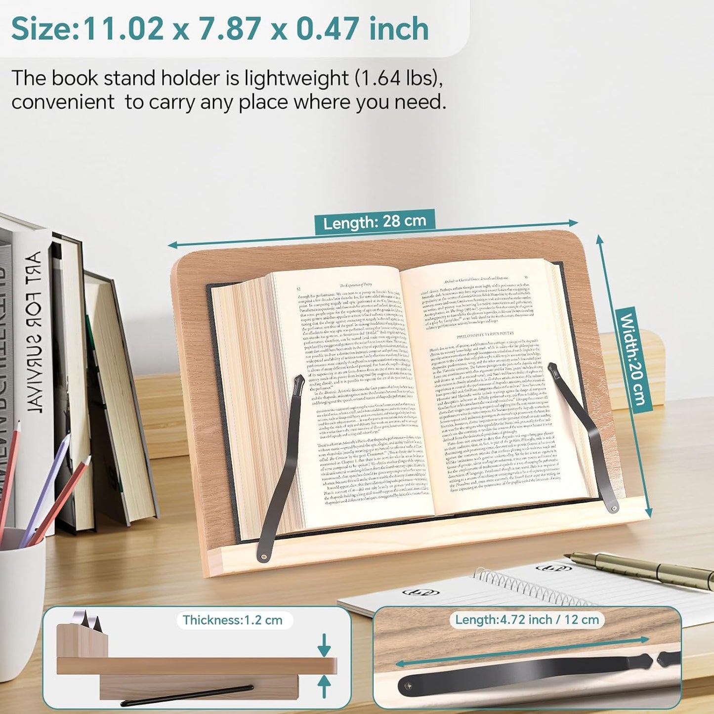 Book Reading Stand,8 Adjustable Height Holder Tray with Elastic Page Paper Clips for Textbook/Cookbook/Music Scores/Tablet/Laptop,Lightweight Reading Hands Free Desktop Document Book Mount