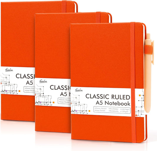 feela 3 Pack Notebooks Journals Bulk with 3 Black Pens, A5 Hardcover Notebook Classic Ruled Lined Journal Set with Pen Holder for Work Business Journaling Note Taking, 120 GSM, 5.1”x8.3”, Orange