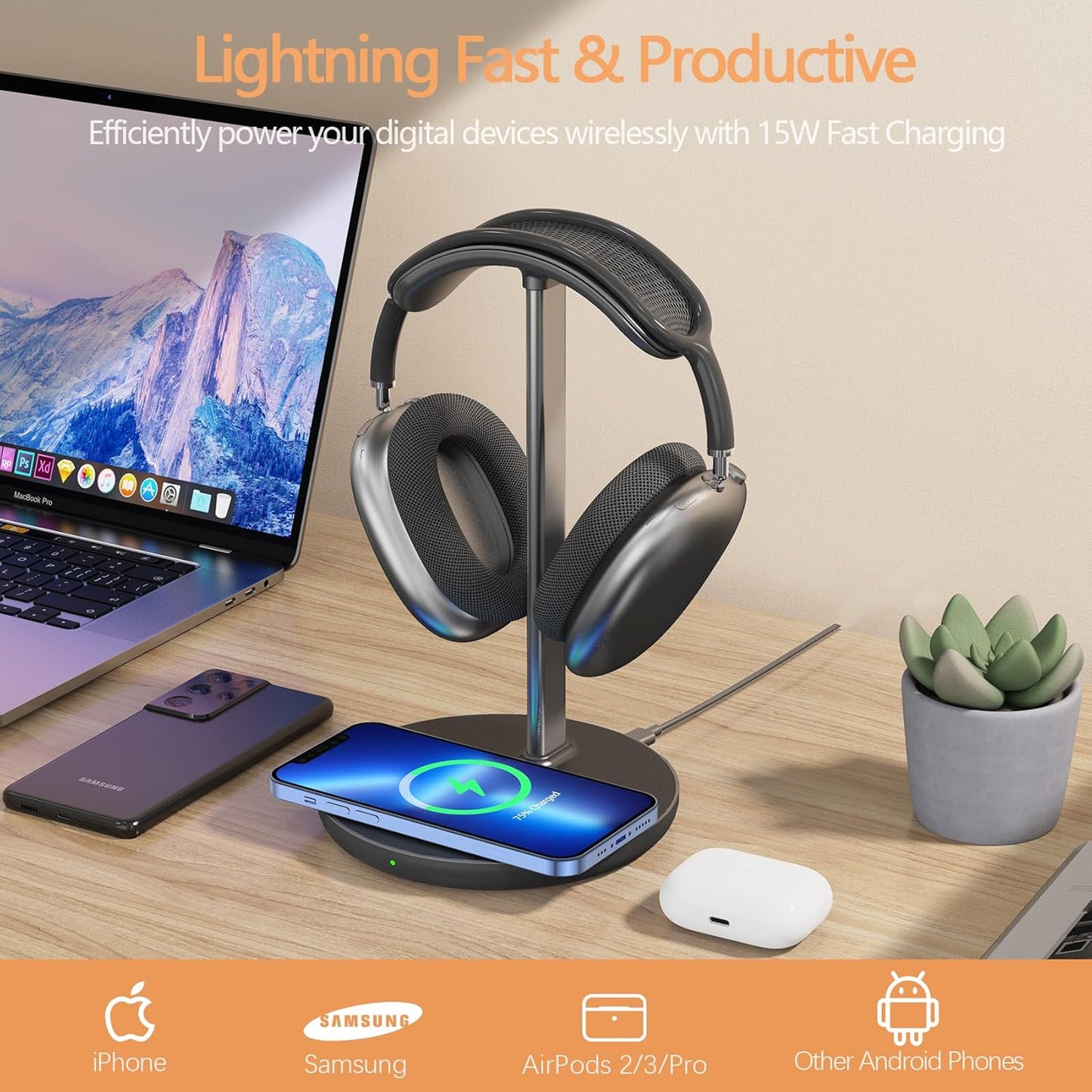 Headphone Stand with Wireless Charger, Gaming Headset Holder Hanger Rack 2 IN 1 Wireless Charging Station Dock for iPhone 15/14/13/12/11 Series, Samsung, AirPods Pro/3/2 and Desk All Headphones, Black
