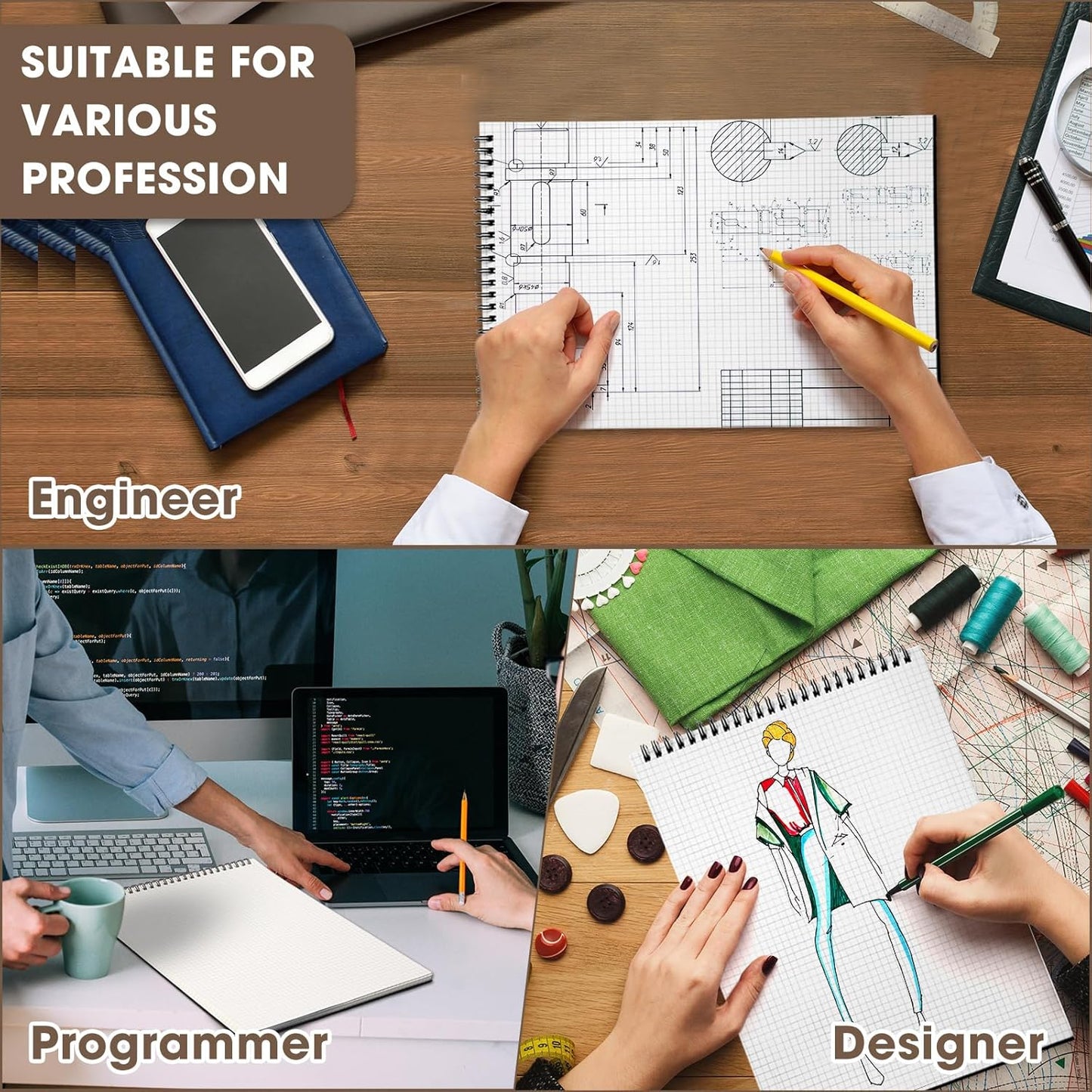 Top Spiral Graph Paper Notebooks 8.7 X11.4 Inch A4 Grid Paper Notepad 70 Sheet Memo Steno Pad for Engineering Writing Sketching Drawing School Office Supplies (1 Pack,Black)