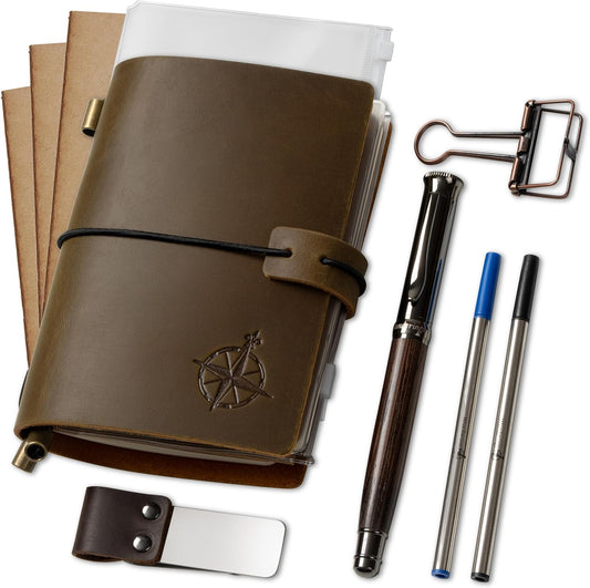 WANDERINGS Pocket Notebook Bundle - 4" x 5.1" / 10cm x 13cm - Small, Passport Size Refillable Travelers Notebook - Includes a Pen Holder with a Pen, 2 extra Ink Refills, a PVC Folder, Binder Clip